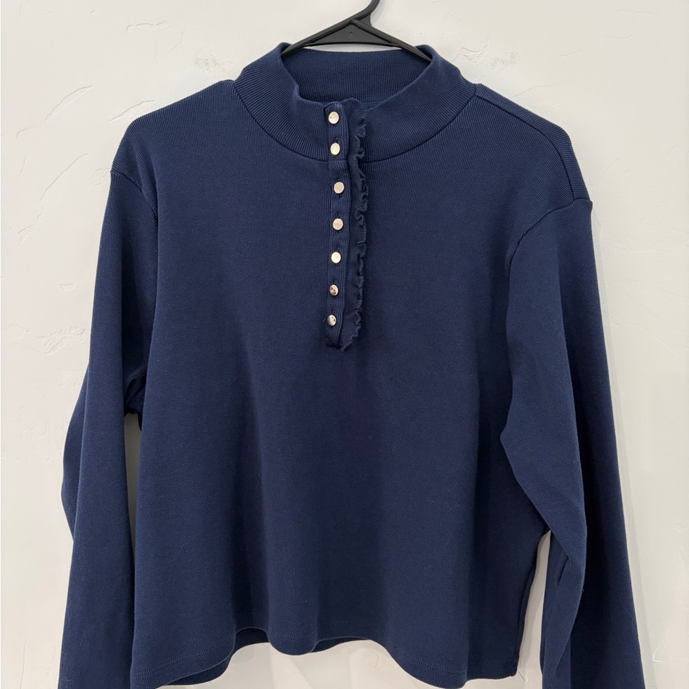 Ann Taylor Weekend Navy Ribbed Henley Long Sleeve Top XXL